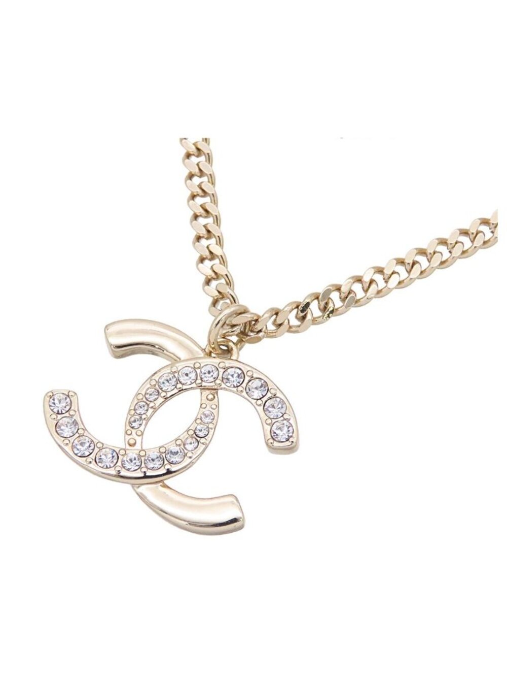 Chanel Pendant Gold Metal Rhinestone CC Logo Chain Necklace